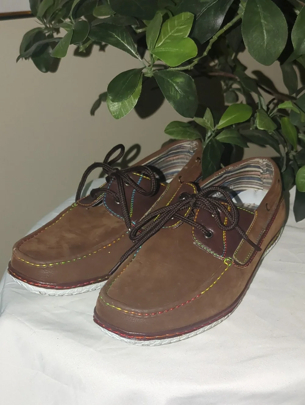 J's Awake Brown Leather Boat Shoes with Multicolor Stitching